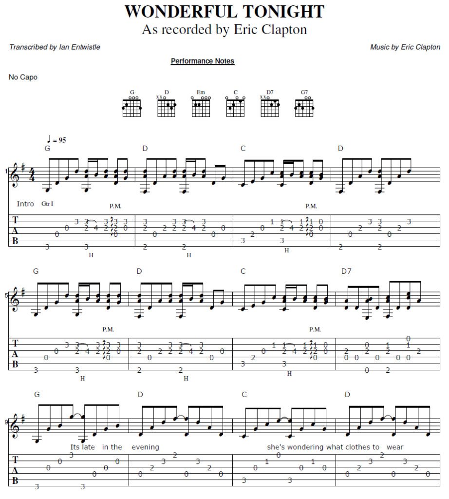 Wonderful Tonight (Eric Clapton) guitar tab - Ian Entwistle