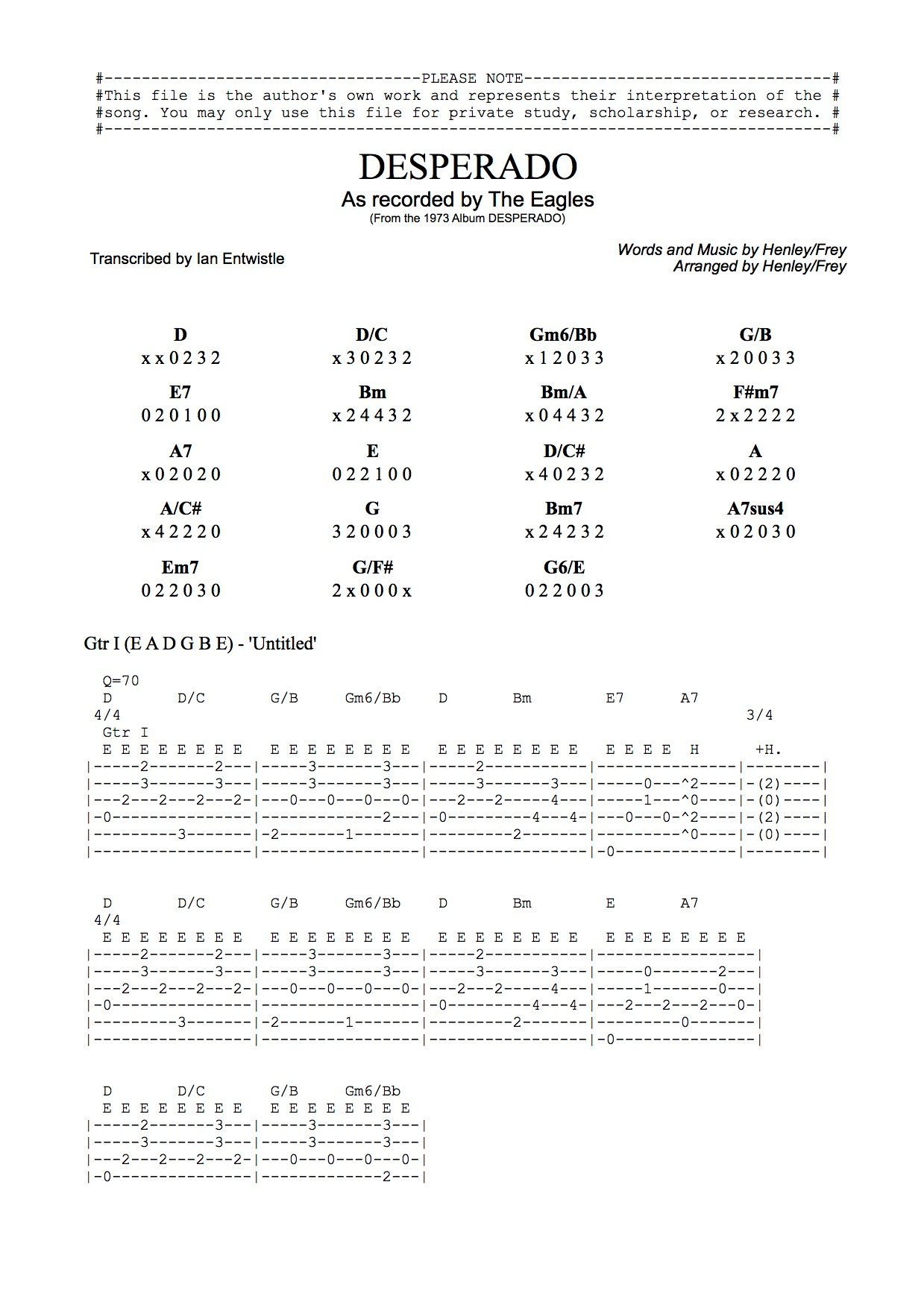 Desperado (Eagles) guitar tab - Ian Entwistle