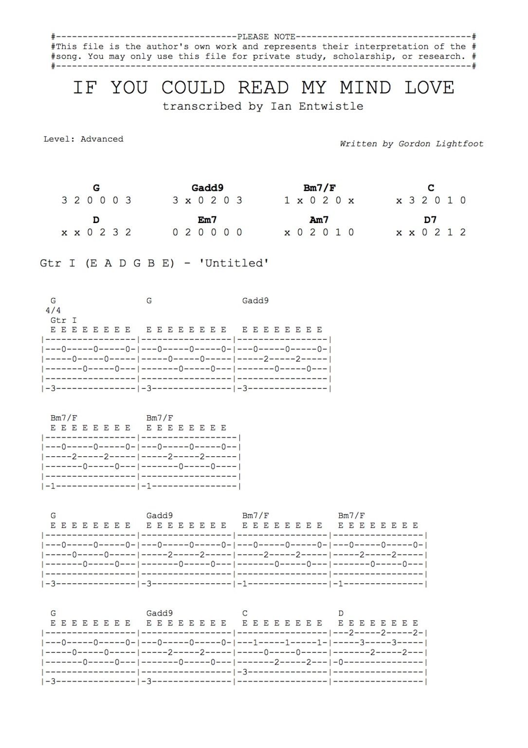 If You Could Read My Mind Love (Gordon Lightfoot) guitar tab Ian Entwistle If You Could Read My Mind Love (Gordon Lightfoot) guitar tab Ian Entwistle