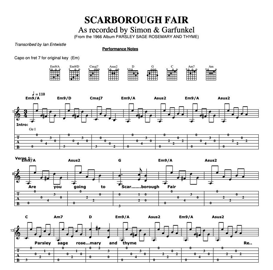 Scarborough Fair tab & notation - Ian Entwistle