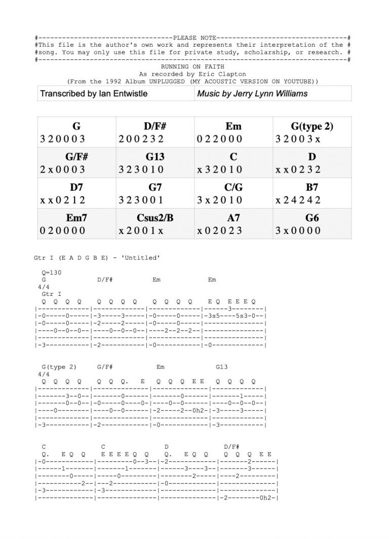 Running On Faith (Eric Clapton) guitar tab Ian Entwistle